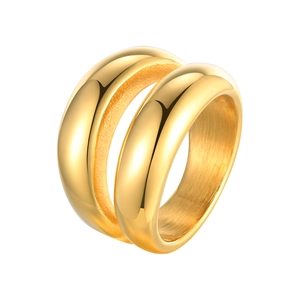 Polished gold stainless steel rings with smooth geometric finish and mirror-like reflection