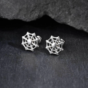 Silver spider web stud earrings in stainless steel with punk style screw back design