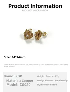 Detailed product dimensions for the 14x14mm rotating rose stud earrings in copper