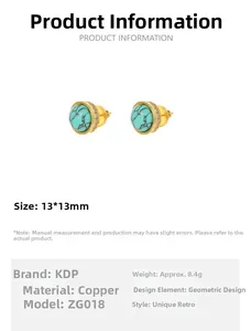 Detail showing vintage copper earrings with turquoise inlay and white zircon accents