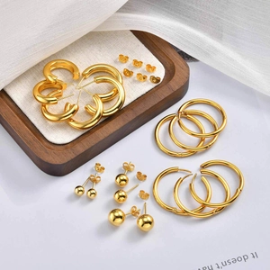 Minimalist Stainless Steel Ball Stud And Hoop Earrings Set For Women Korean Fashion Geometric Gold Plated Jewelry 3 Pairs Set