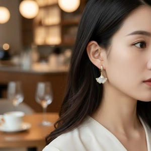 Élégantes boucles d'oreilles ginkgo dorées avec perles et cristaux sur un mannequin