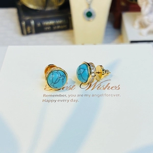 Vintage Chinese Style Copper Turquoise Stud Earrings For Women Retro Geometric Gold Pave Rhinestone Round Ear Jewelry Gift