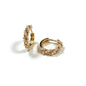 Elegant gold Mobius hoop earrings with woven white pearls for classic daily wear