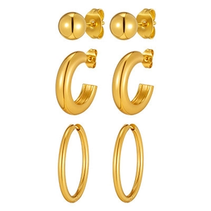 Three-piece gold stainless steel earring set with ball studs and hoop earrings