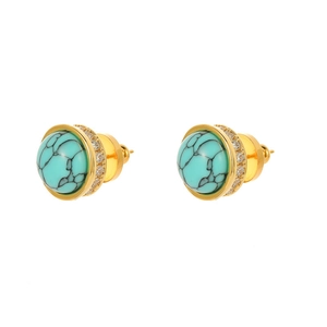 Vintage round turquoise stud earrings with sparkling micro-diamonds and gold finish