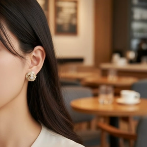French style 3D rose earrings with sparkling crystals and golden flower stud design