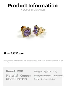Detailed view of gold copper stud earrings with 12x12mm purple square geometric stones