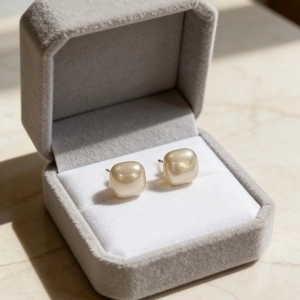 Elegant retro champagne pearl stud earrings with square rounded gold finish for women
