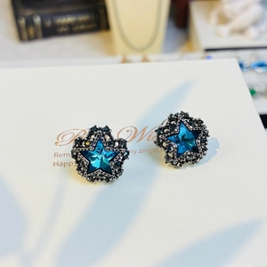 Gothic style blue star crystal earrings with black rhinestones and silver setting