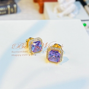 Vintage Gold Plated Copper Purple Square Rhinestone Stud Earrings For Women Geometric Halo Gemstone Style Jewelry Gift