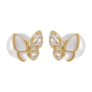 Elegant gold butterfly stud earrings with shell inlay, zircons, and pearl backing