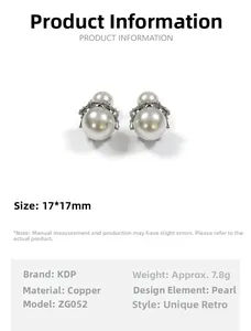 Detailed specs of double-sided pearl crown earrings measuring seventeen by seventeen mm