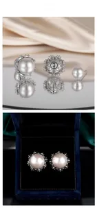 Detailed view of pearl crown earrings with sparkling starburst silver backings