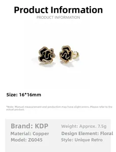 Detail showing 16x16mm black enamel flower earrings with gold edges and zircon stones