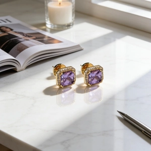 Square purple gemstone stud earrings with halo diamonds and a golden finish setting