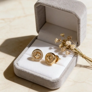 Gold-plated starburst compass stud earrings with crystals on a jewelry display box