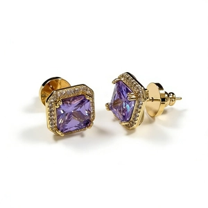 Square purple crystal stud earrings with gold halo setting and shimmering pave diamonds
