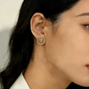 Gold-plated compass star stud earrings with vintage round design and crystal accents