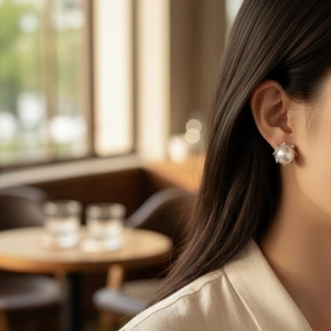 Elegant pearl crown earrings for women with silver zircon floral base worn by model