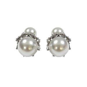 Elegant double pearl crown earrings with sparkling cubic zirconia on silver setting