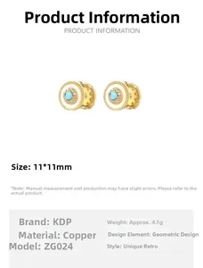 Detail of round earrings featuring turquoise bead and white enamel with tiny crystals