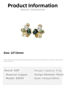 Detailed size chart of vintage flower earrings measuring 22x23mm with crystal petals