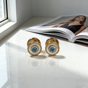 Vintage style turquoise and mother of pearl round stud earrings with gold bead trim