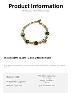 Detailed view of colorful zircon stones on gold-plated geometric bracelet with size info