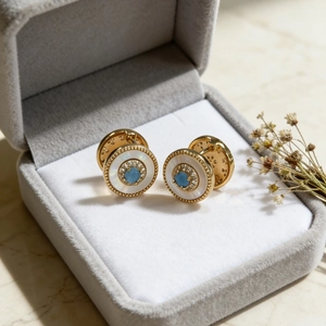 Vintage round turquoise and mother-of-pearl stud earrings with gold plating in a gift box