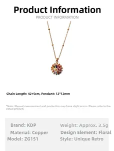 Detailed size specifications for vintage colorful daisy pendant necklace with copper chain