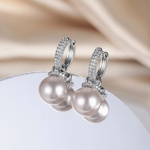 Elegant Pink Artificial Pearl Drop Earrings With Silver Plated Copper Inlaid Zirconia Lightweight Jewelry For Women Wedding Party Wear