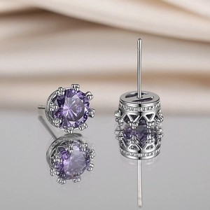 Boucles d'Oreilles Clous Couronne Strass Violet Vintage Cuivre Électroplaqué Haut de Gamme Luxe Femme Bijoux