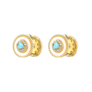 Vintage round turquoise and mother of pearl hoop earrings in gold plated finish