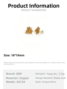 Detailed size map of gold maple leaf studs showing 18x19mm dimension and texture