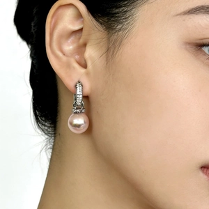 Elegant silver hoop earrings with micro-pave zircons and lustrous pink pearls for women