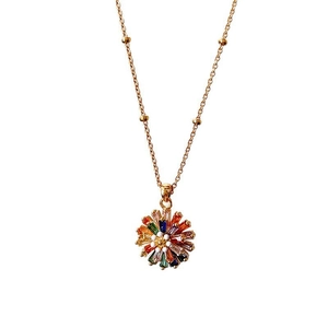 Rotating daisy necklace with multi-colored gemstones and gold-plated beaded chain