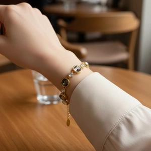 Gold plated geometric bracelet with colorful round stones and extension chain