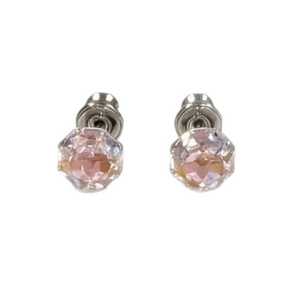 Pink faceted crystal stud earrings with silver-plated geometric cut design for women