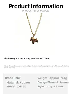 Detailed size chart of a horse pendant necklace with colorful zircon and pearl chain