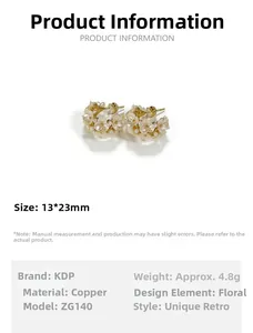 Detail view showing flower-shaped pearl and mother of pearl earrings with golden finish
