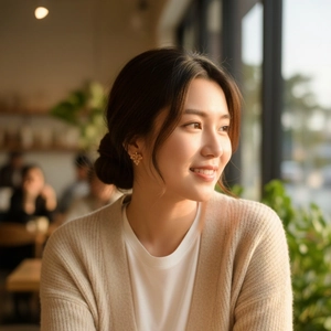 Elegant gold maple leaf stud earrings with diamonds on a model in a cozy cafe setting