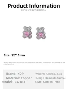 Detail view of bear stud earrings with pink heart stone and inlaid crystals