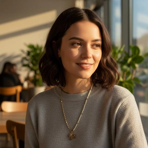 Elegant gold pearl necklace with colorful bird pendant shown on a model in warm sunlight