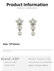 Detail view showing star tassel earrings with dimensions 10x22mm and white zircon inlay