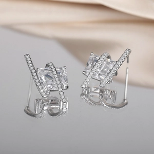 Geometric Zirconia Stud Earrings For Women Silver Plated Copper Base Square Stone Elegant French Style Fashion Jewelry Accessories