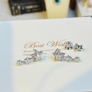Detail of silver star earrings with crystals and tassels on a Best Wishes card