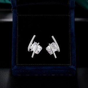 Elegant silver square crystal stud earrings with diagonal micro-paved sparkling bands