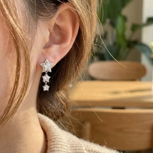 Sparkling triple star tassel earrings for women with silver finish and cubic zirconia