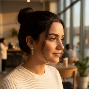 Sparkling star tassel drop earrings with crystals shown on a model in soft light